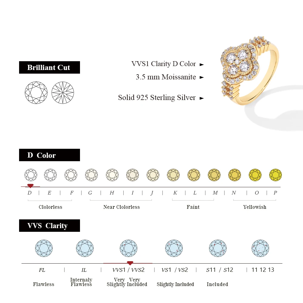 ATTAGEMS 2024 D/VVS1 Round Shape Full Moissanite Diamond Rings for Women Top Quality S925 Silver Clover Fine Jewelry Gift Luxury