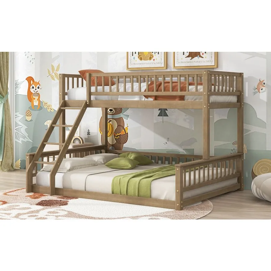 Twin XL over Queen Bunk Bed with Ladder and Guardrails Walnut