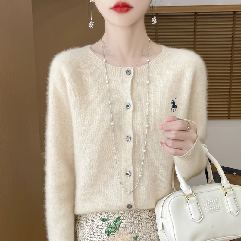 

2024 Autumn/Winter Women's New Fashion Cashmere Embroidered Cardigan Women's O-neck Fashion Embroidered 100% Australian Wool