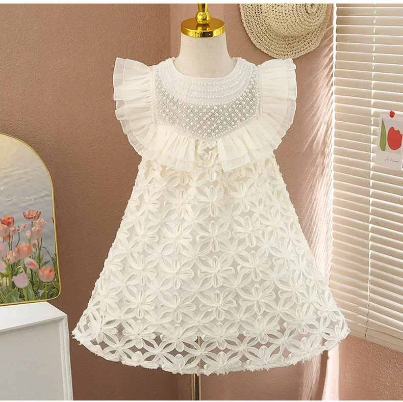 

Toddler Kid Baby Girls Dress Summer Ruffles Pearls Floral Princess Dresses Sleeveless Girls Costumes Children Clothes