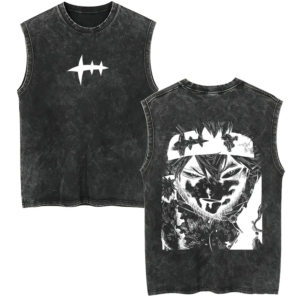 Anime Black Clover Asta Vintage Washed Tank Tops Men Casual Cotton Oversized Sleeveless Vest T-shirt Male Manga Retro T-shirts