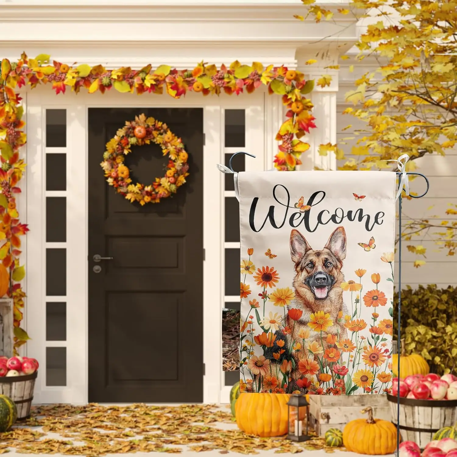 Fall German Shepherd Garden Flag 12x18 Inch, Autumn Orange Butterflies Flower Leaves Dog Double Sided Vertical Linen Banner jjp