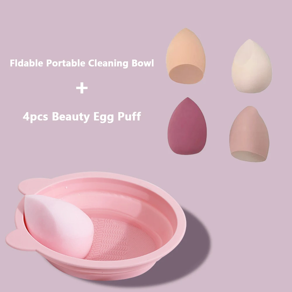 Foldable Silicone Makeup Brush Cleaner Bowl - Portable Cleaning Tool for Brushes, Powder Puffs, and Sponges+4pcs Beauty Egg Puff