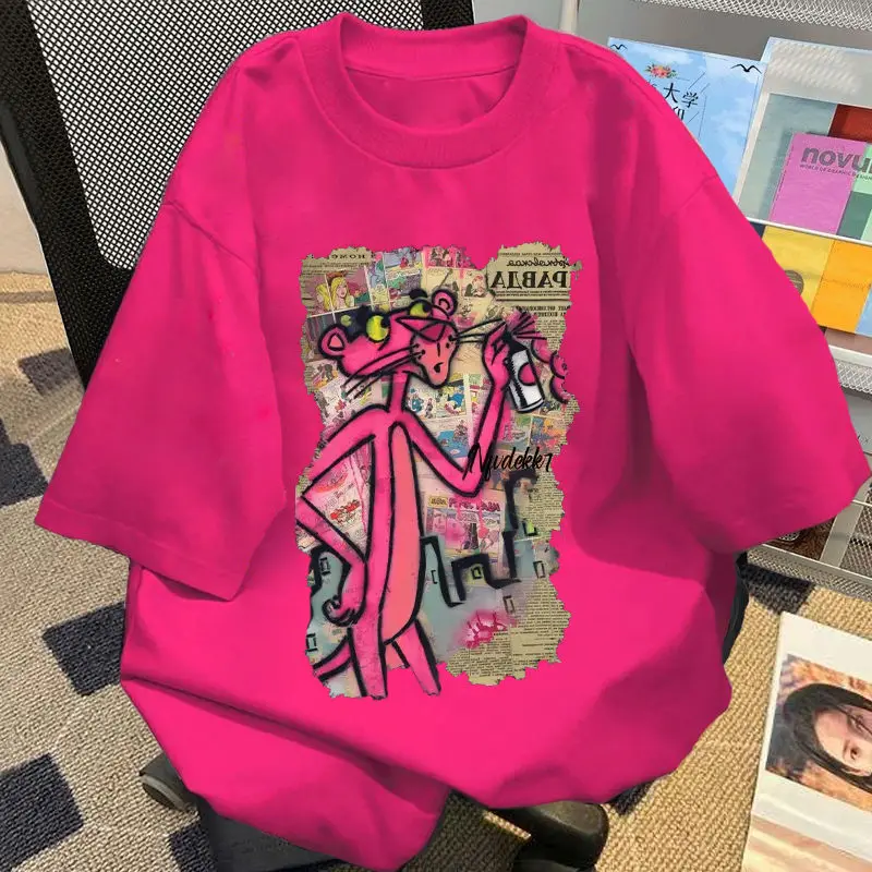 Funny Pink Leopard Man T Shirt Heavy 100% Cotton Y2k T-Shirt Summer Oversized loose Short Sleeve Tee Cartoon Print Tshirt Tees image 3