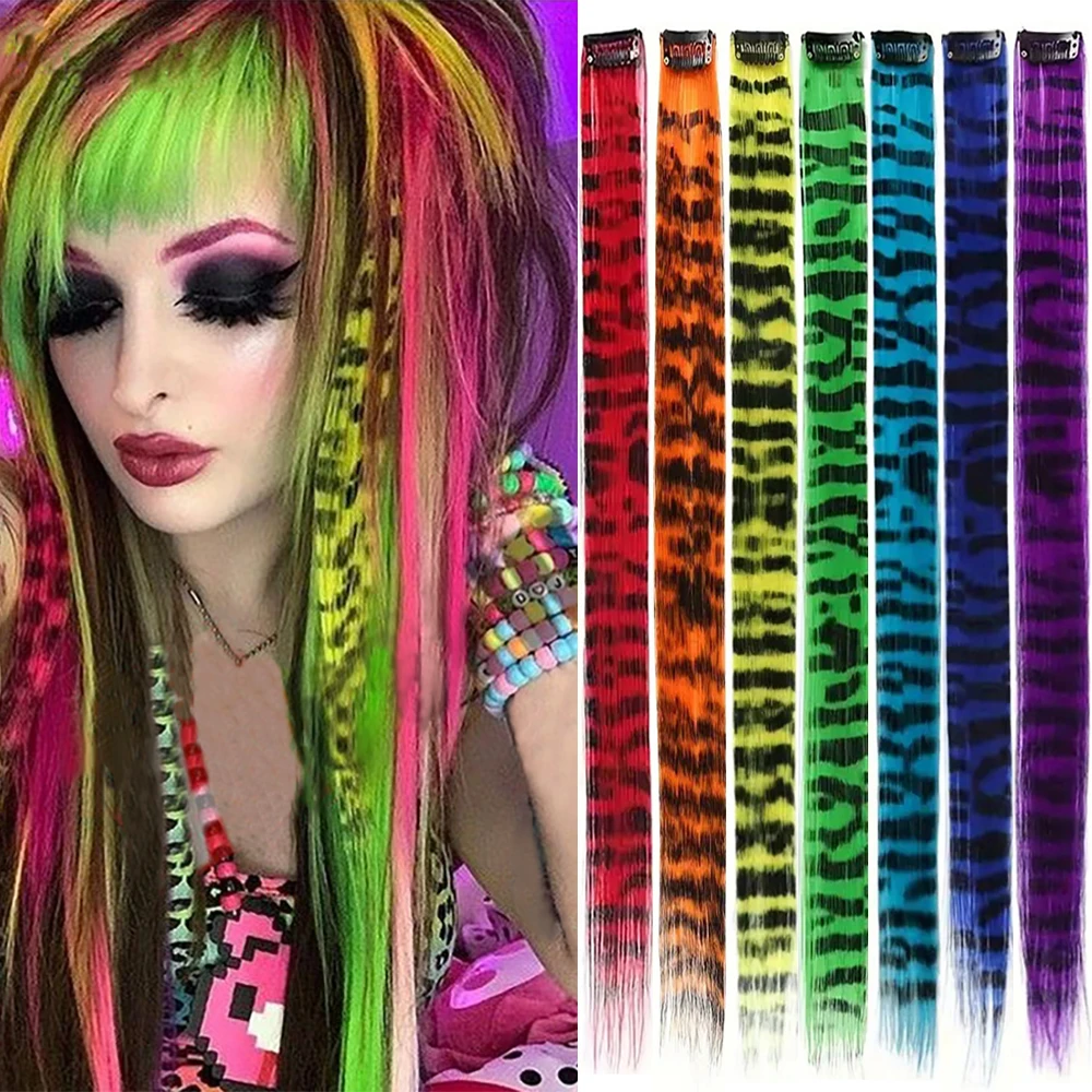 18' 7 Pcs Rainbow Long Straight Zebra Print Synthetic Feather Clip in Hair Extensions for Women, Ideal Halloween Christmas