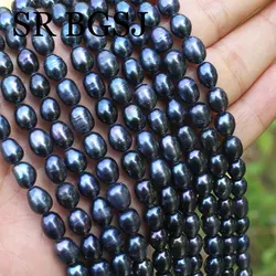 7-8mm 14inch Olivary Rice Shape Natural Freshwater Cultured Black Pearls Vertical Beads