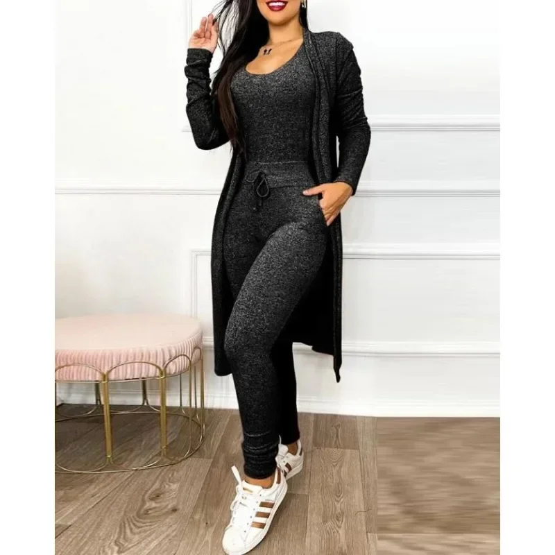 Women 2pcs Clothes Set Solid Color Autumn Winter Long Sleeve Loose Open Cardigan & Sleeveless Slim Overall Jumpsuit