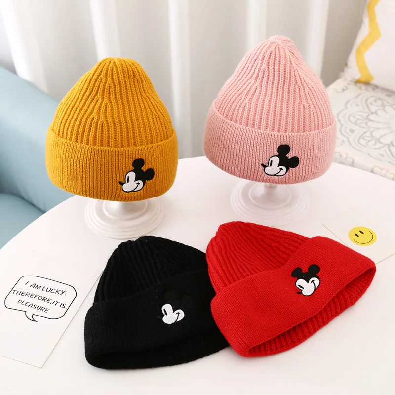 Disney Children Hat Autumn Cartoon Mickey Mouse Embroidered Woolen Hat Beanie Boys Girl Unisex Warm Winter Knitted Hat Kids Gift