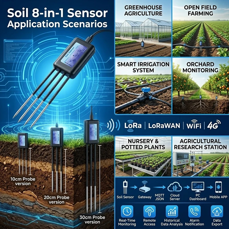 RS485 MODBUS 8 in 1 Soil Moisture NPK EC Temperature Humidity Salinity pH Sensor with MQTT JSON System for Farmland Irrigation