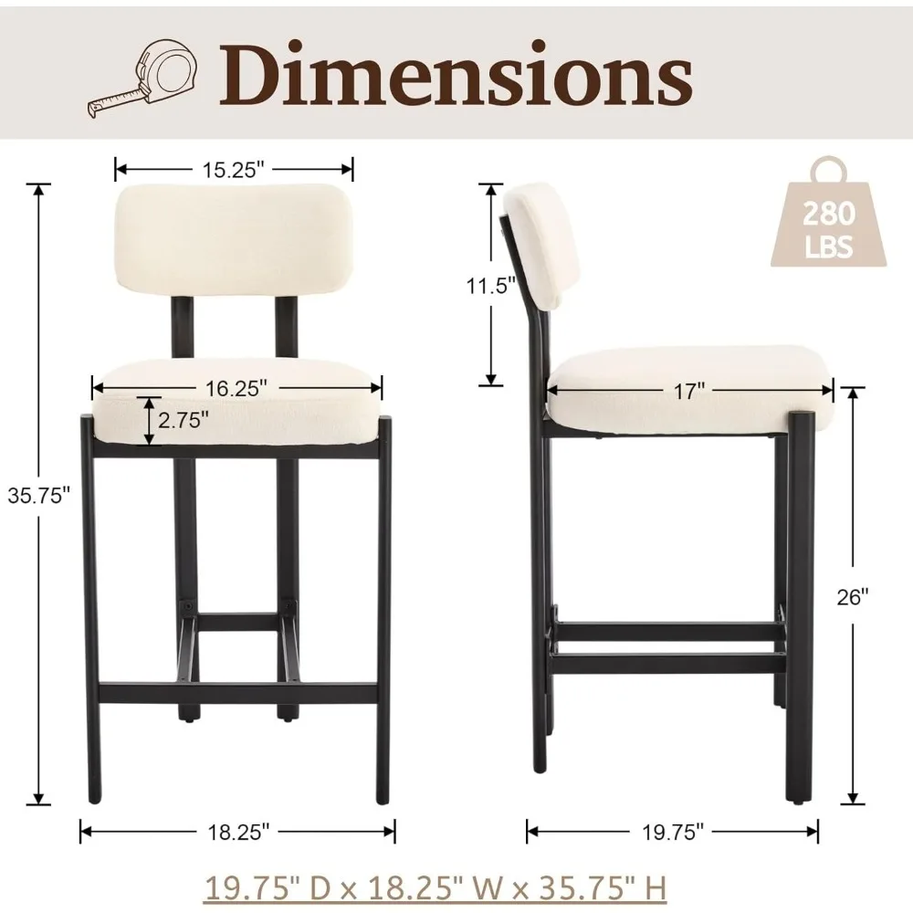 Modern Upholstered Low Back Kitchen Stools Set of 2, 26 Seat Height Metal Leg Counter Stools