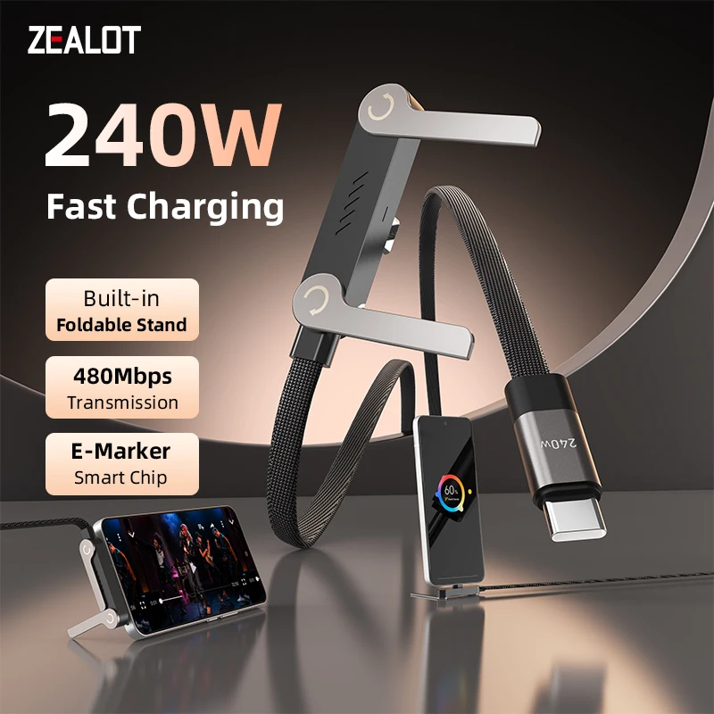 US-ZEALOT-XC011 240W Type-C To Type C Cable Elbow Fast Charging Data Cable Foldable Stand Phone Holder For iPhone 16/15,Samsung