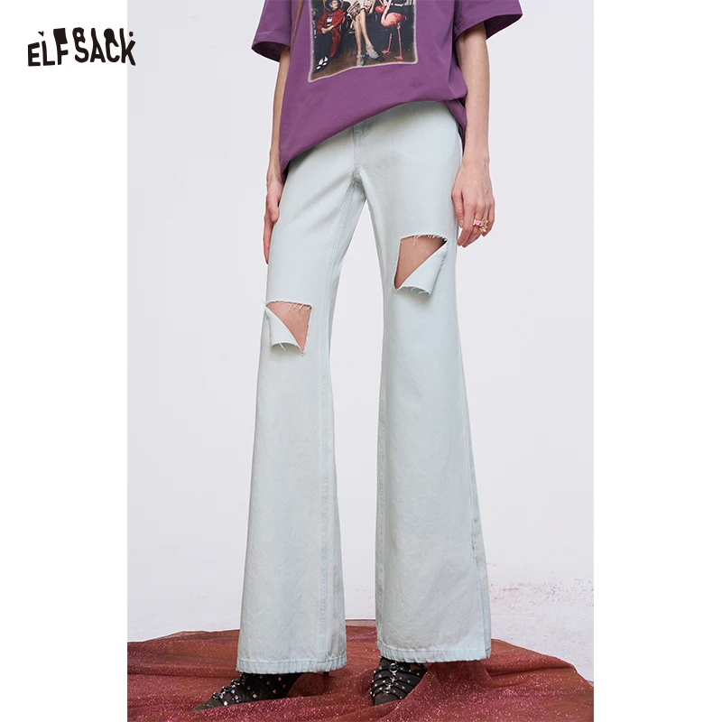 

ELFSACK Women's Light Blue Flare Jeans with Distressed Ripped Detail, Y2K Streetwear Denim Pants with Side Slit