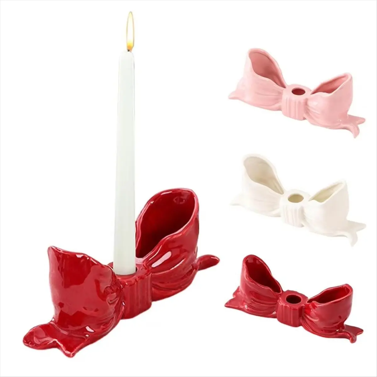 N14R Top Ceramic Bow Candle Holder Elegant Bow Knot Ceramic Candle Holders for Home Wedding Decor Table Centerpiece Pink