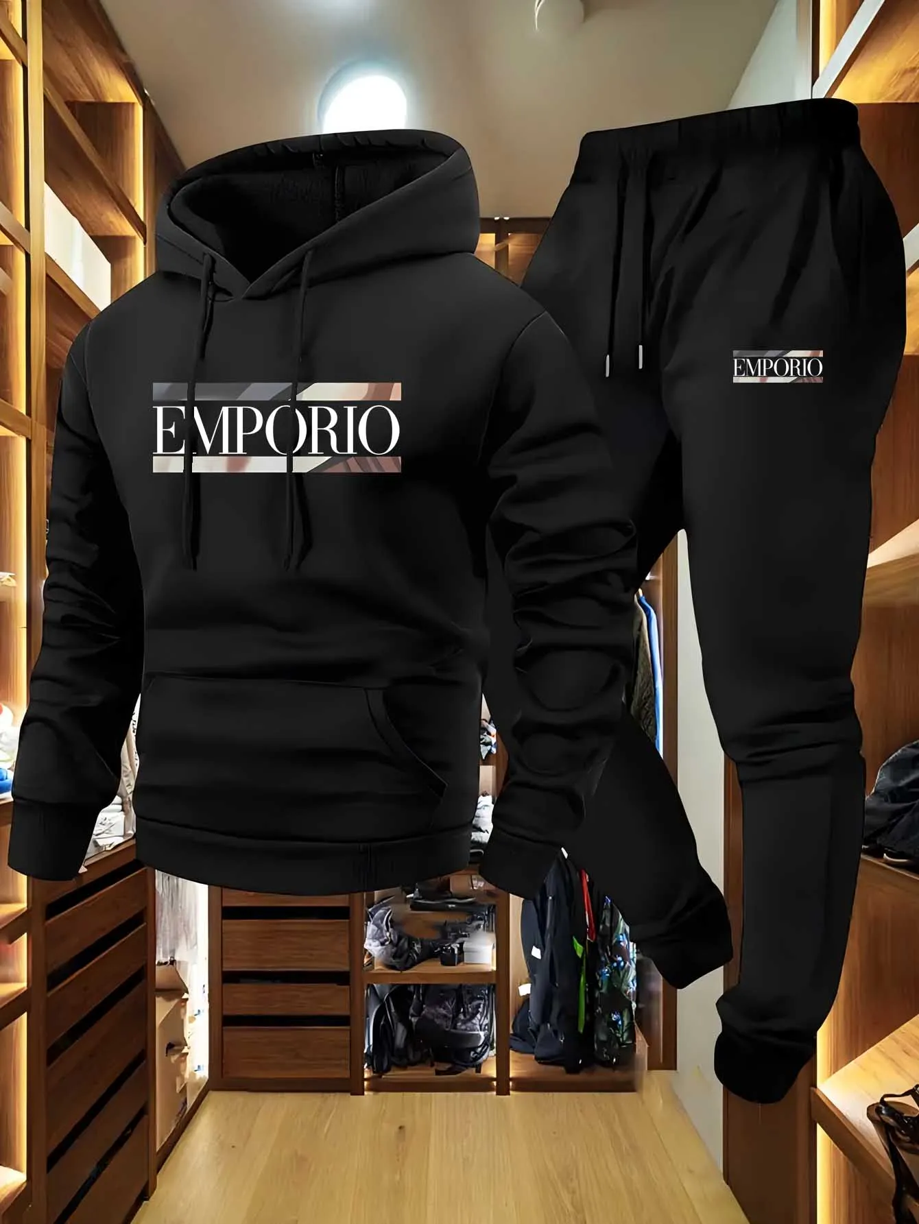 

Men's letter-printed hoodie and sweatpants set, suitable for outdoor outings in autumn and winter - daily outdoor wear