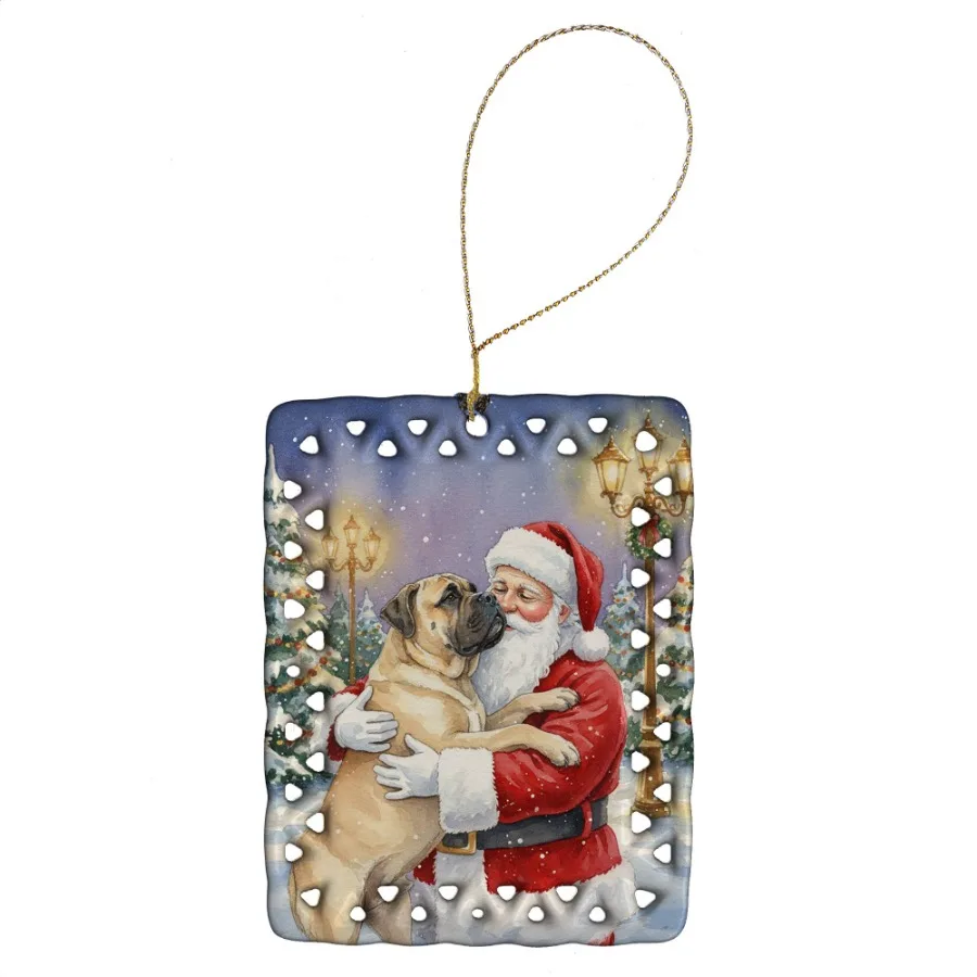 

Bullmastiff with Santa Claus Porcelain Ornament Christmas Tree Hanging Decorations for Home Christmas Holiday Rectangle Gift Mu