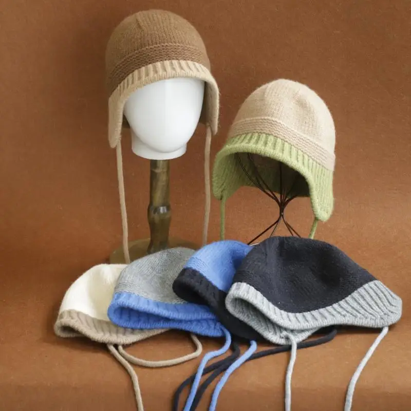 2026 Neue Y2K Herbst-Winter Warme Wollmütze für Damen, Modische Vintage Farbblock-Strickmütze mit Ohrenschutz, Vielseitige Faltbare Kappe – Detail 3