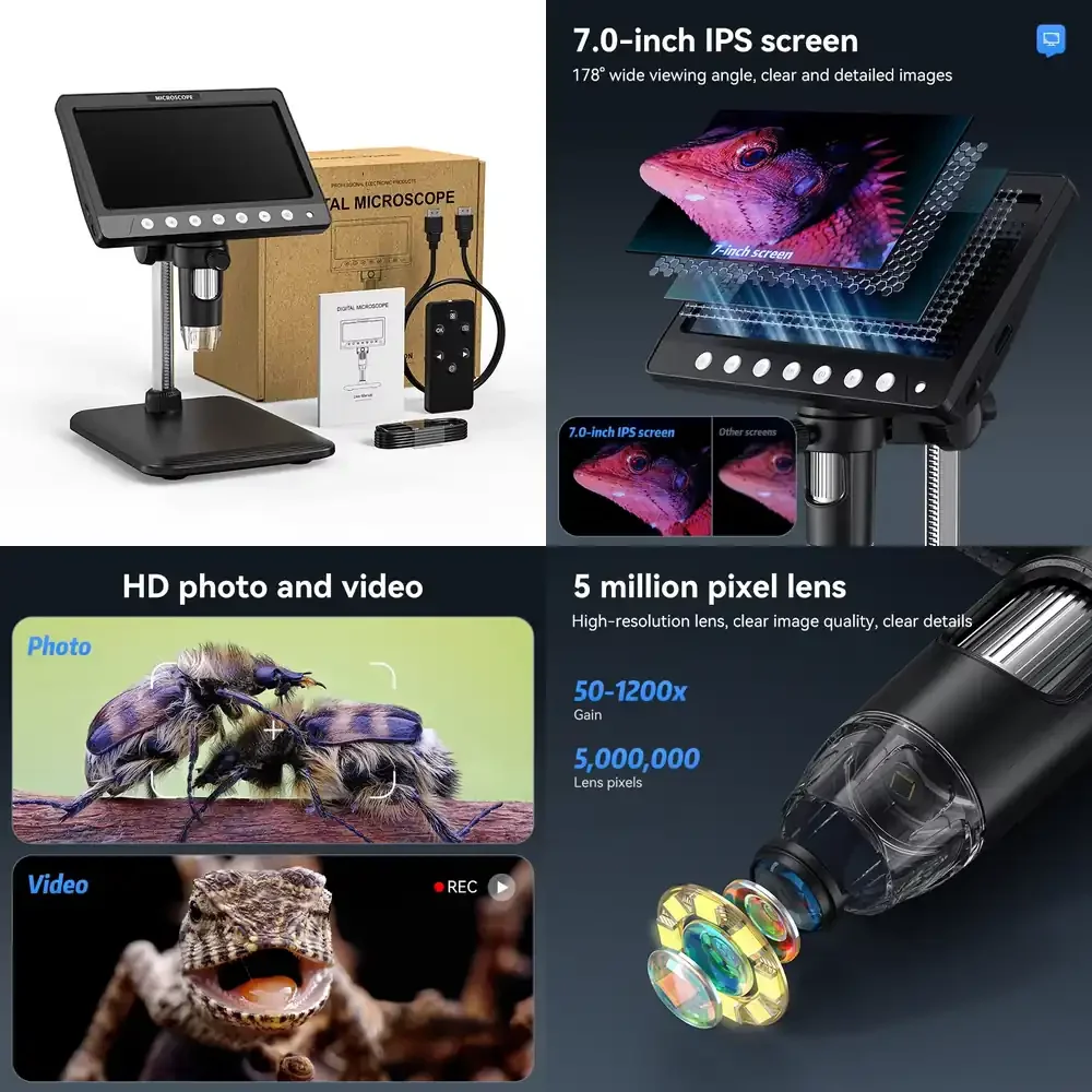 

OEM 7-дюймовый ЖК-экран для оптического микроскопа с увеличением 1200X, 5 МП, для фото и видео, инструмент для ремонта промышленных мобильных телефонов