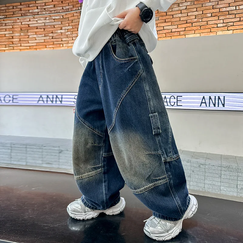 

Boys Vintage Blue Baggy Jeans Streetwear 2025 New Jeans TeenChildren Handsome Street Straight Wide-leg Patchwork PantsTrousers