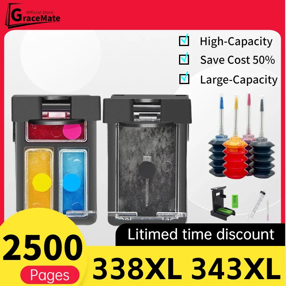 338XL 343XL for Photomart 2710 2710xi 5480 8150 8450 8750 Printer Replacement Ink Cartridge for HP Inkjet 338 343 XL hp338 hp343