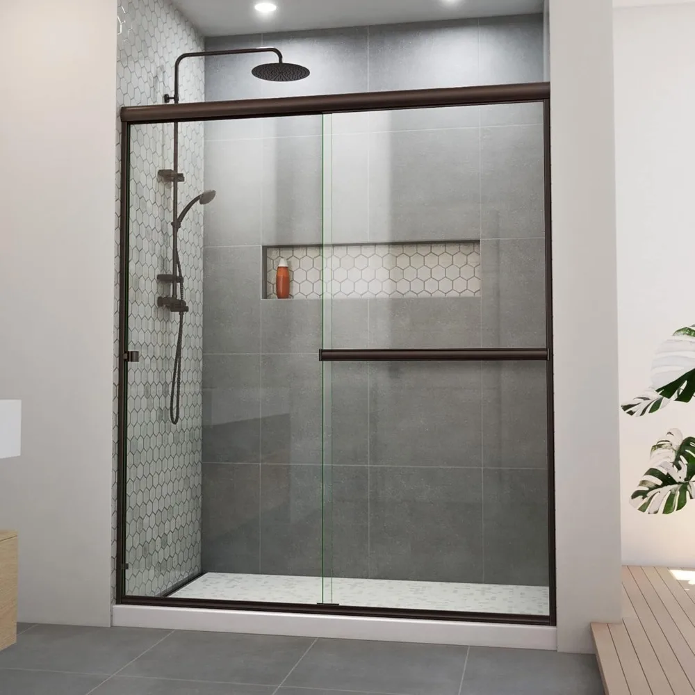 

Shower Door, 56-60'' X 70'', 3/8'' Semi-frameless Oil-rubbed Bronze, Clear Tempered Glass, Sliding Shower Door