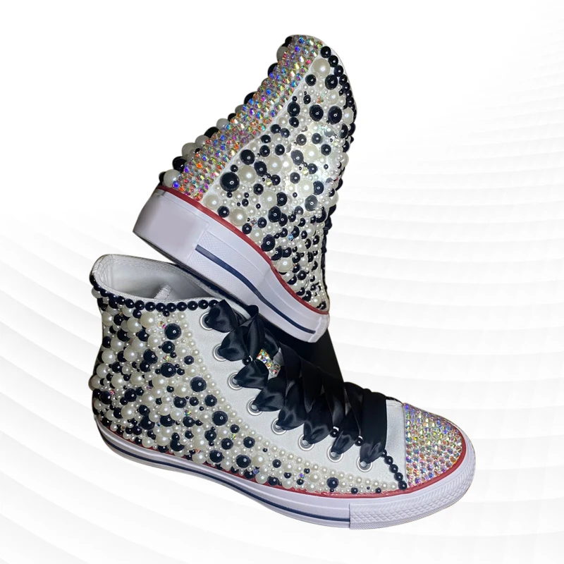 Multicolor high-top rhinestone canvas shoes sports walking comfort shoes handmade rhinestone ribbon vulcanized shoes 35-46