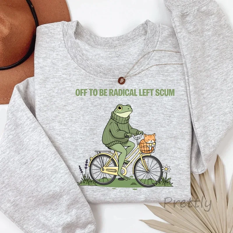 

Off To Be Radical Left Scum Sweatshirt Frog and Cat in Bicycle Hoodie Men Women Funny Graphic Sweatshirts Crewneck Tops