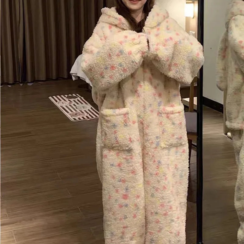 Thickened Winter Pajamas Onesie Coral Fleece Hooded Sleepwear for Cute Girls Home Clothes Outdoor Cartoon Print Warm Homewear