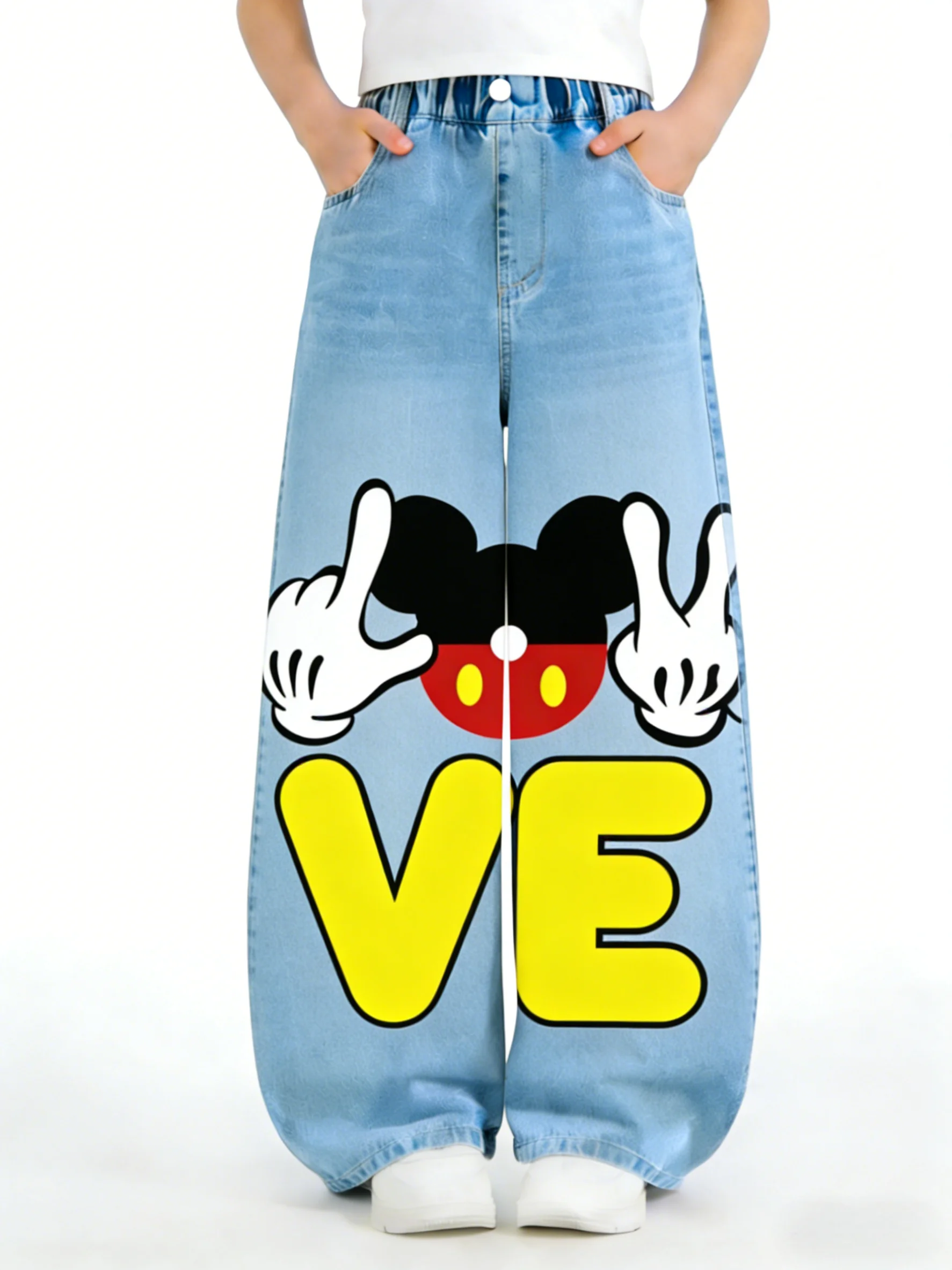 

Disney Mickey Cartoon Girls' Jeans, Soft Long Pants for Toddlers, Trendy Korean-Style Girls' Denim Pants