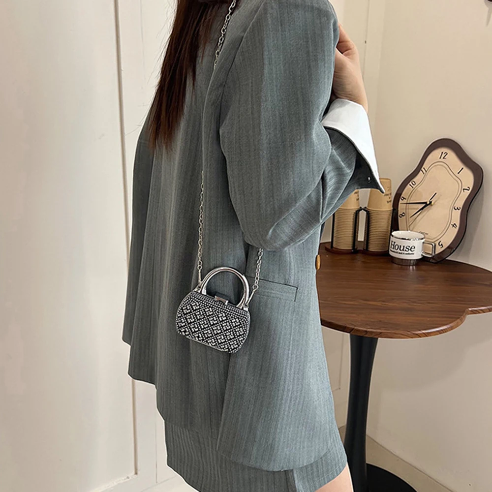 

Korean Style Mini Crossbody Bag Elegant Rhinestone Decorated Mini Banquet Chain Bag Small Wallet Shinny Metal Lipstick Bag