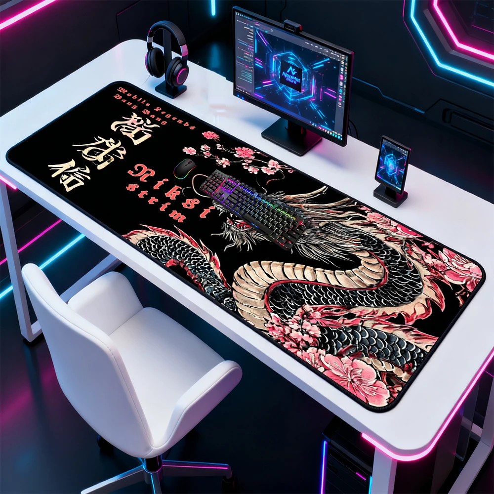 

Коврик для мыши Dragon Cherry Blossom, розово-черный, 120x60, настольный коврик, аксессуар для рабочего стола, коврик для клавиатуры, японский игровой коврик
