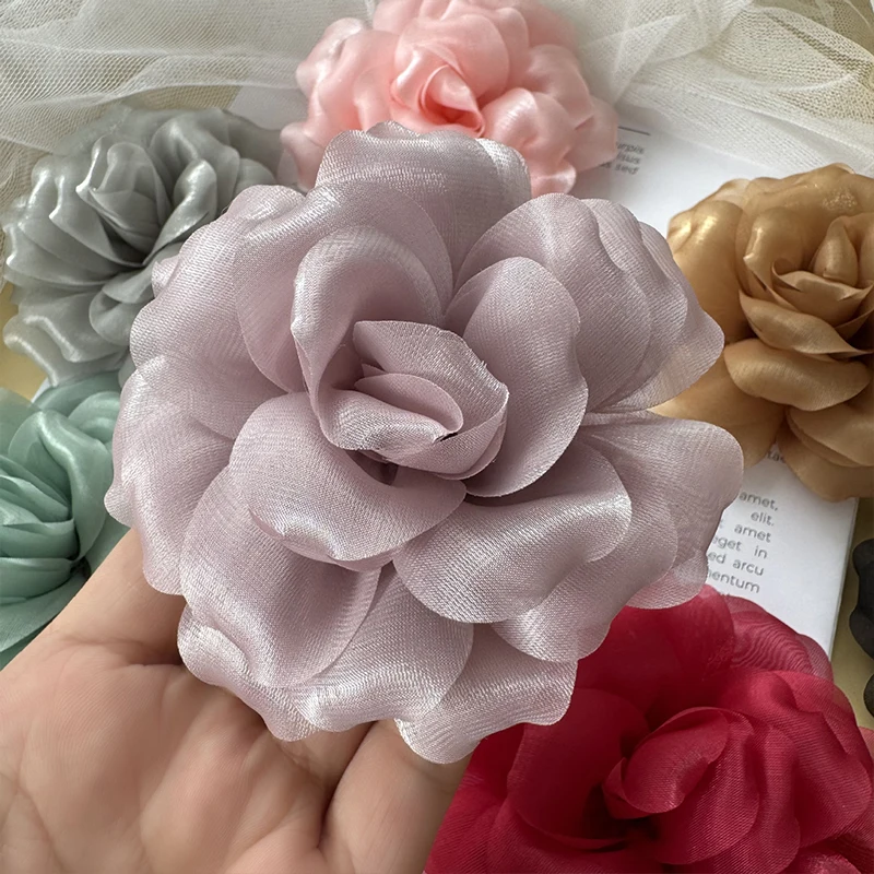 Parches de flores rosas de tela hechos a mano, apliques de flores de satén 3D para vestido de mujer, ropa, zapatos, bolsa, accesorios DIY, 1/2/5 Uds.