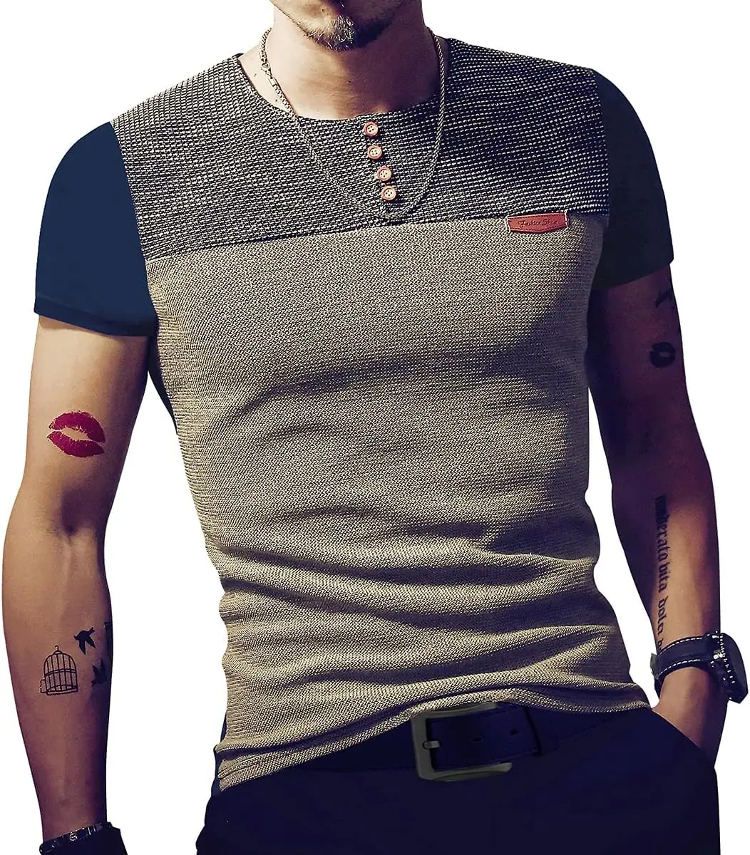 Men\'s Slim Fitted Casual Short Sleeve Button T-Shirts Contrast Color Stitching Top Tees