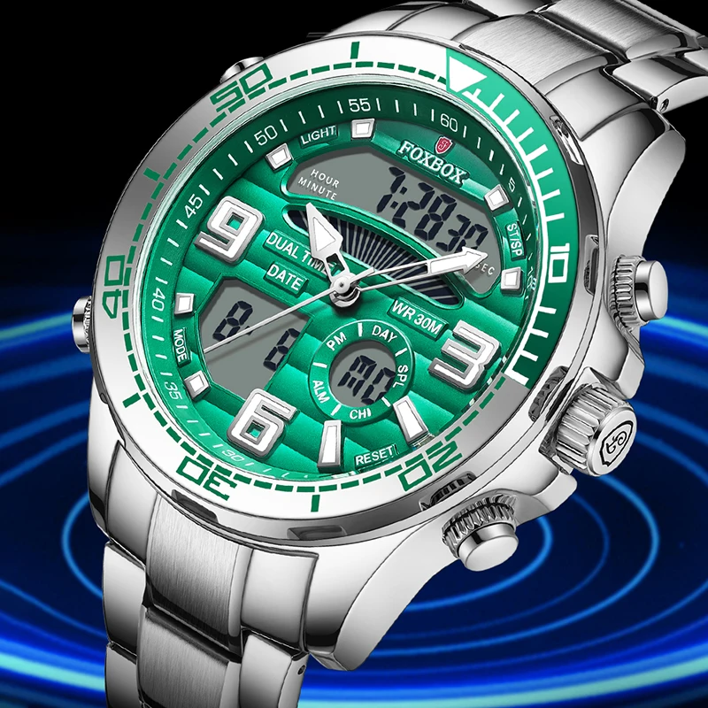 Montre électronique pour homme LIGE FOXBOX, double fuseau horaire, bracelet en acier inoxydable, décontractée, sportive, alarme, étanche, lumineuse, numérique, quartz, pour hommes