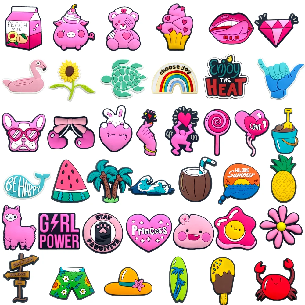 20-40-pcs-pvc-bonito-verao-praia-sapato-encantos-kawaii-rosa-serie-acessorios-fivela-ajuste-pulseiras-sapato-encantos-decoracao
