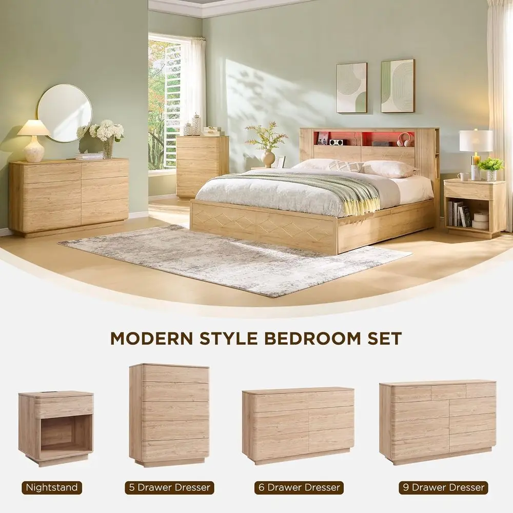 Komoda DAFIFY z 6 szufladami, 132 cm szerokości, drewniana szafka do przechowywania, komoda bez uchwytów do salonu i przedpokoju, zakrzywiony kształt, naturalny dąb