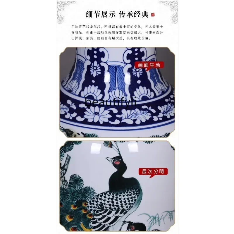 Jingdezhen Porcelain Hand Painted Blue and White Extra Large Vase Home Living Room Decorations Floor Neo Chinese Style Ornaments