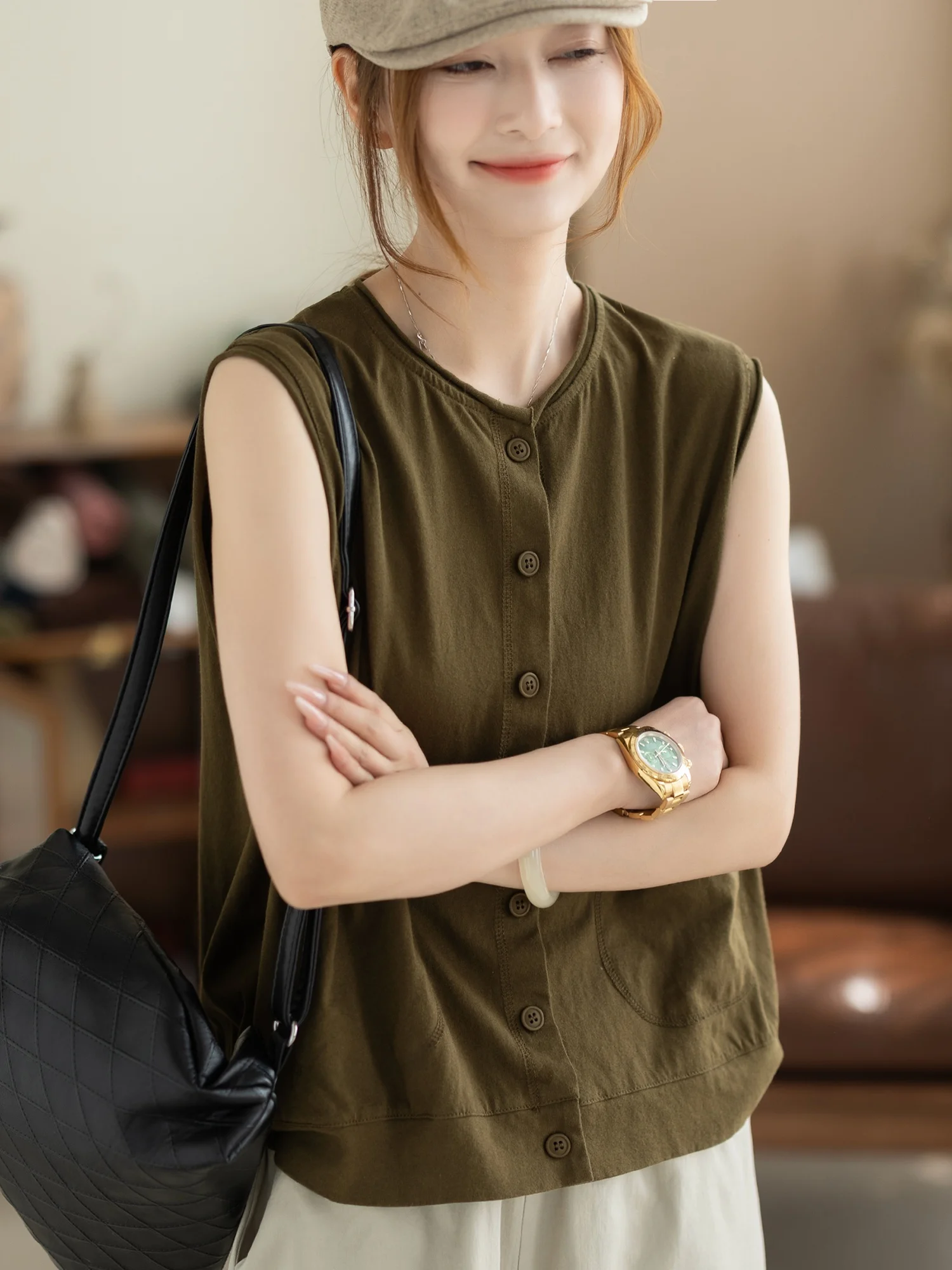 

Kamiyu Women's Cotton 100% Open Cardigan Sleeveless Loose Fit Lightweight Summer Vest Commute Outerwear Fashion Ladies Vest