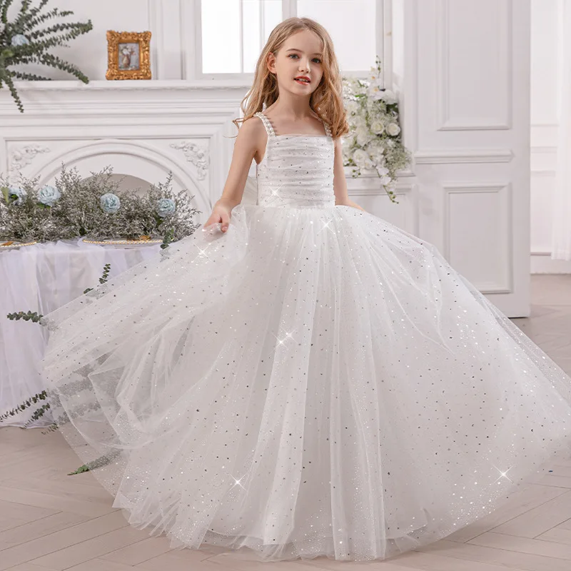 Girls Party Dresses Summer White Long Bridesmaid Girl Princess Dress Teenager Luxury Girl Ball Gown Graduation Girl Dress