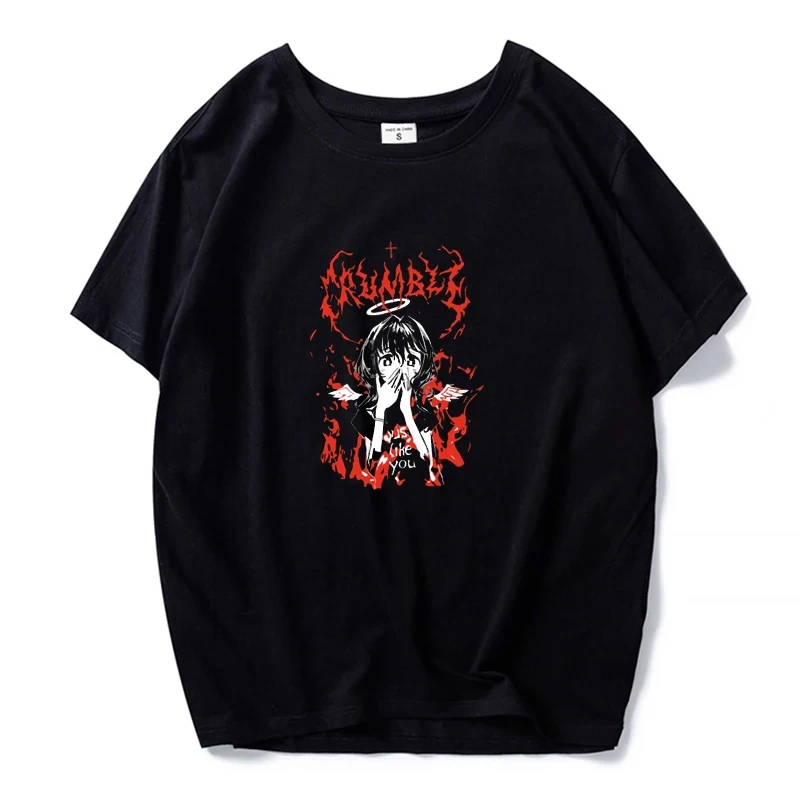 Dark Grunge Angel Anime Girl Graphic T‑Shirt Unisex Red Flame Metal Font Oversized Short Sleeve Casual Cotton Streetwear Tee
