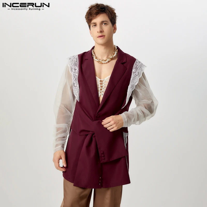 INCERUN Men Causal Sleeveless Blazer 2024 Lace Splicing Fashion Suits Handsome Elegant Lapel Collar Simple Commuting Jackets