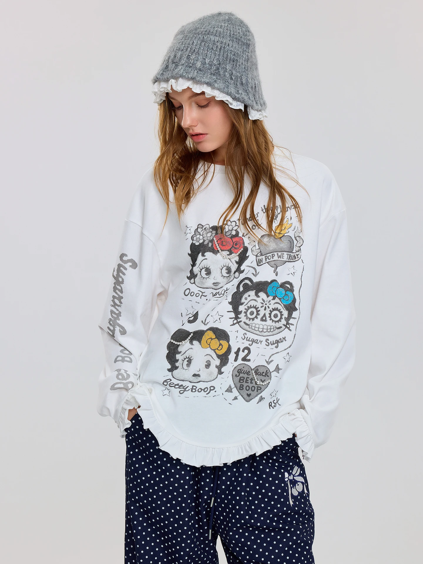 

OoofYang Pure Cotton White T-irt Women's Inner Wear Loose Slimming Print Base Top Wood Ear Casual Sle Long Sve