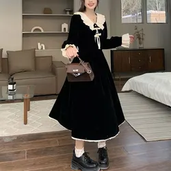 Fashion Lace Double-Layer Long Dress Women's Clothing French Style Sweet Bow Spring Autumn A-Line Vintage Solid Color Dresses