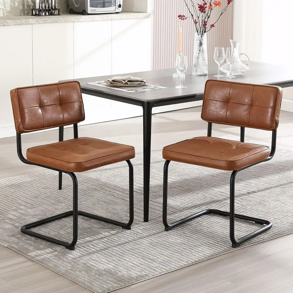 

Upholstered Leather Dining Chairs Set of 2, Black Metal Base, Century Breuer Design, Brown