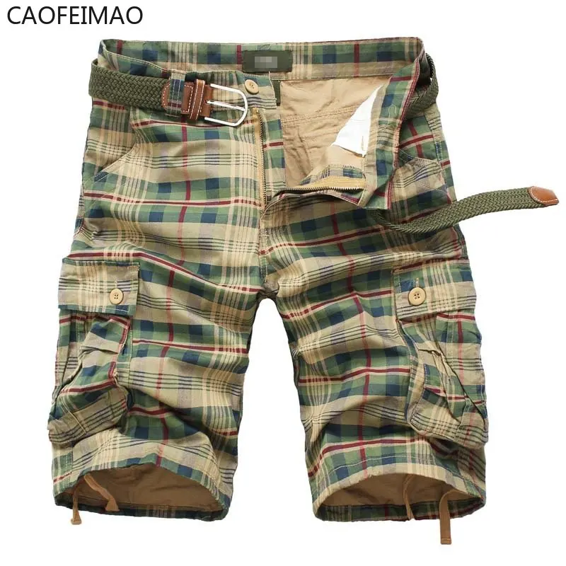 Pantalones medianos de algodón para hombre, cómodos pantalones de playa para deportes al aire libre, pantalones cortos a cuadros de tendencia, sueltos, rectos de gran tamaño, pantalones Cargo