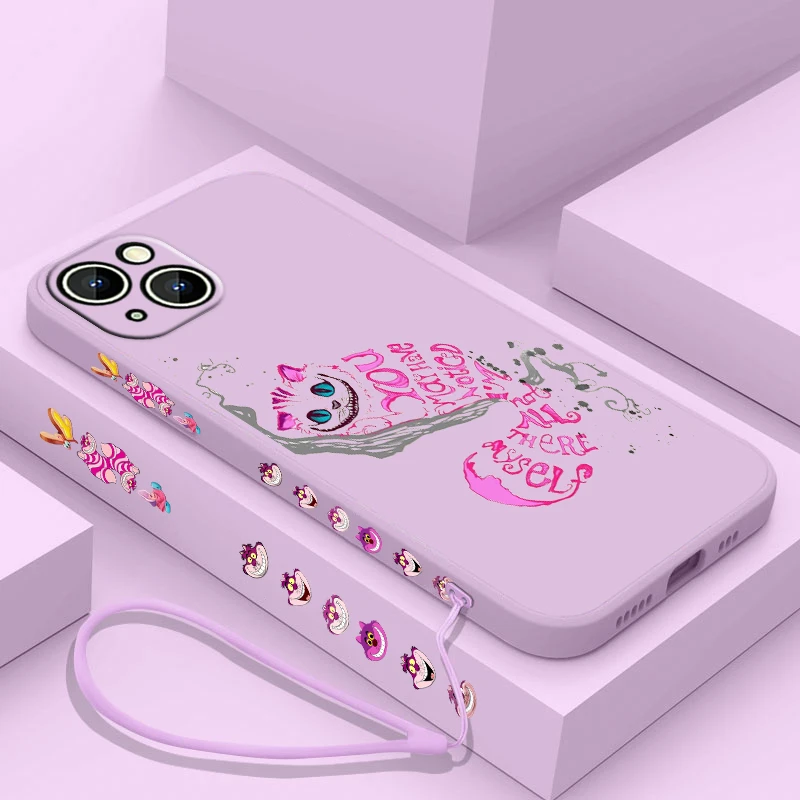 Alice In Wonderland Cheshire Cat Phone Case For Apple iPhone 15 14 13 12 11 Pro Max Plus 8 7 SE Liquid Left Rope Capa Cover