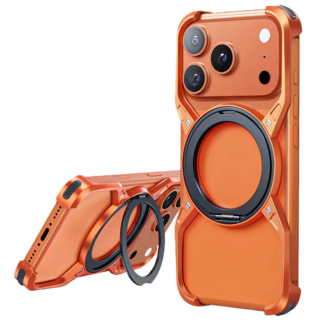 

Metal Alloy Punk Frame Phone Case For iPhone 17 Pro Max 360 Rotating Bracket Ring Magnet Stand Bumper Cover