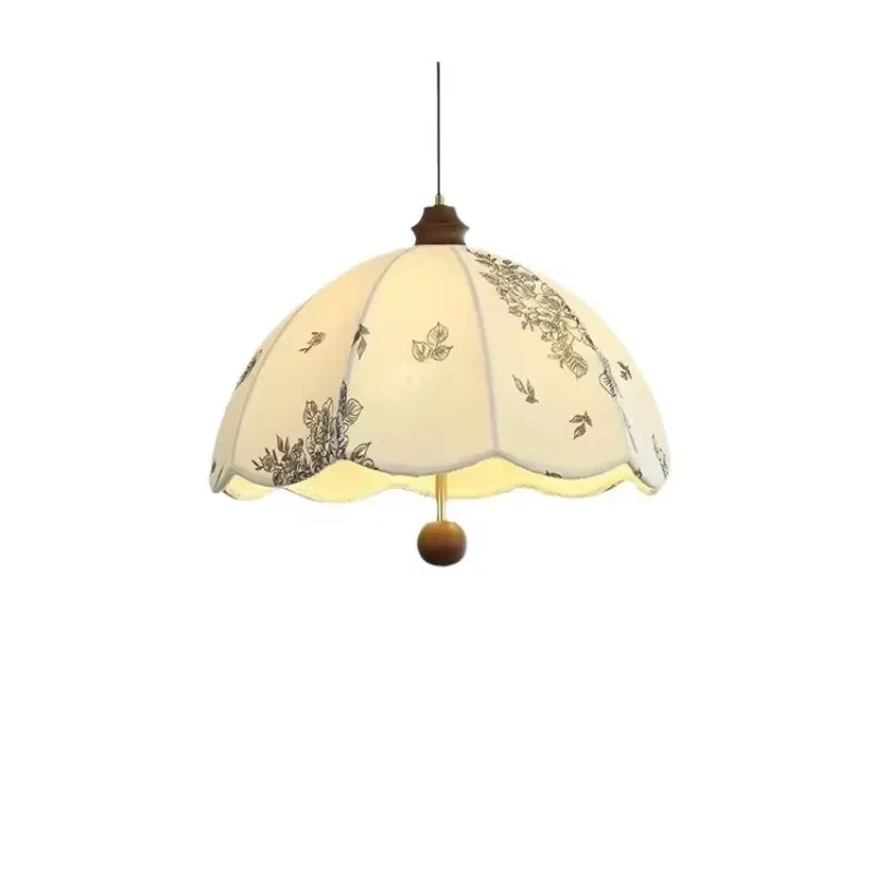 

French medieval cream pattern fabric chandelier solid wood dining room retractable bar counter bedroom study Nanyang wind lamp