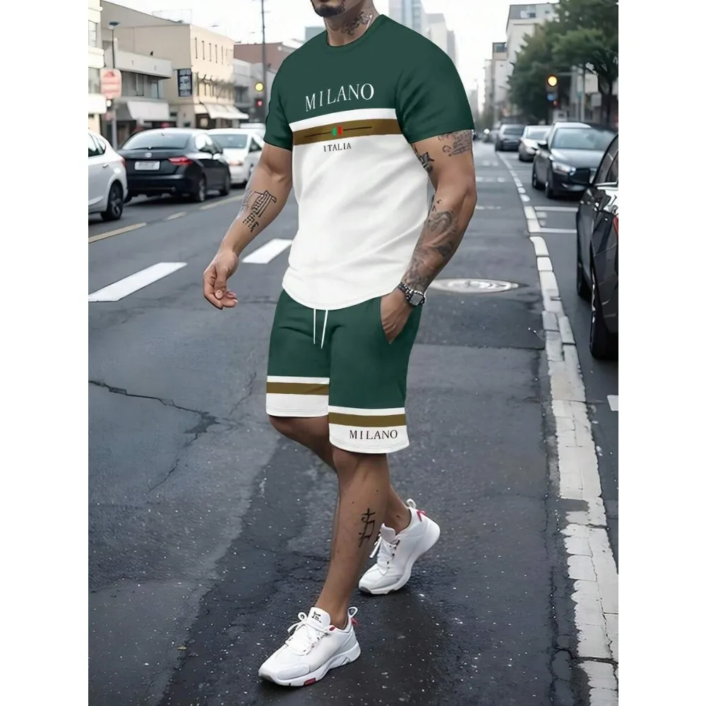 Ensemble deux pièces pour homme de style italien : T-shirt et short, avec un motif haut de gamme conçu à Milan et un design imprimé en 3D