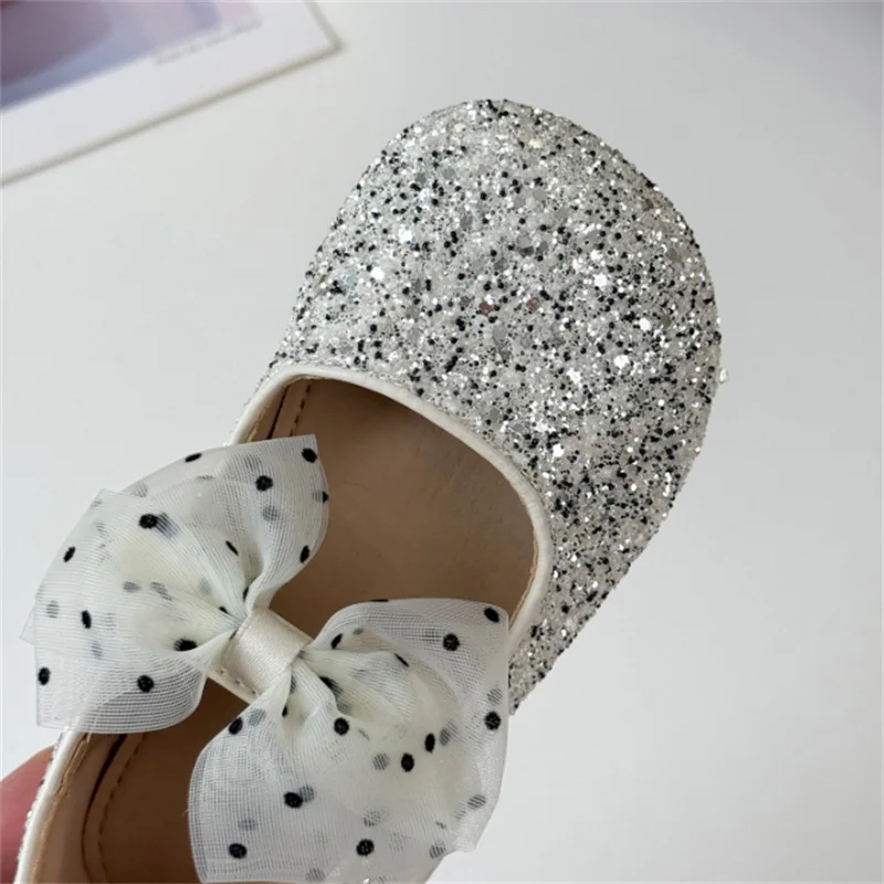 2025 New Spring Kids Shoes For Girls Bling Bling Cute Butterfly-knot Polka Dot Princess Shoes Soft Sole Fashion Children Shoes