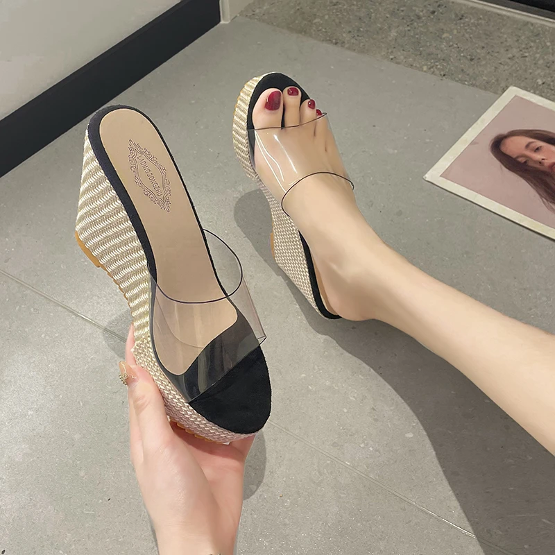 Wedges Slippers Women Round Head Transparent PVC Dress Beach Shoes Casual Cozy Sandals New Summer Brand Slides Female